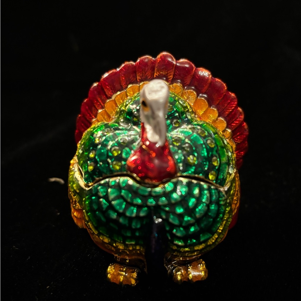 MultiColored Bejeweled Turkey Enamel Trinket Box with hinge.